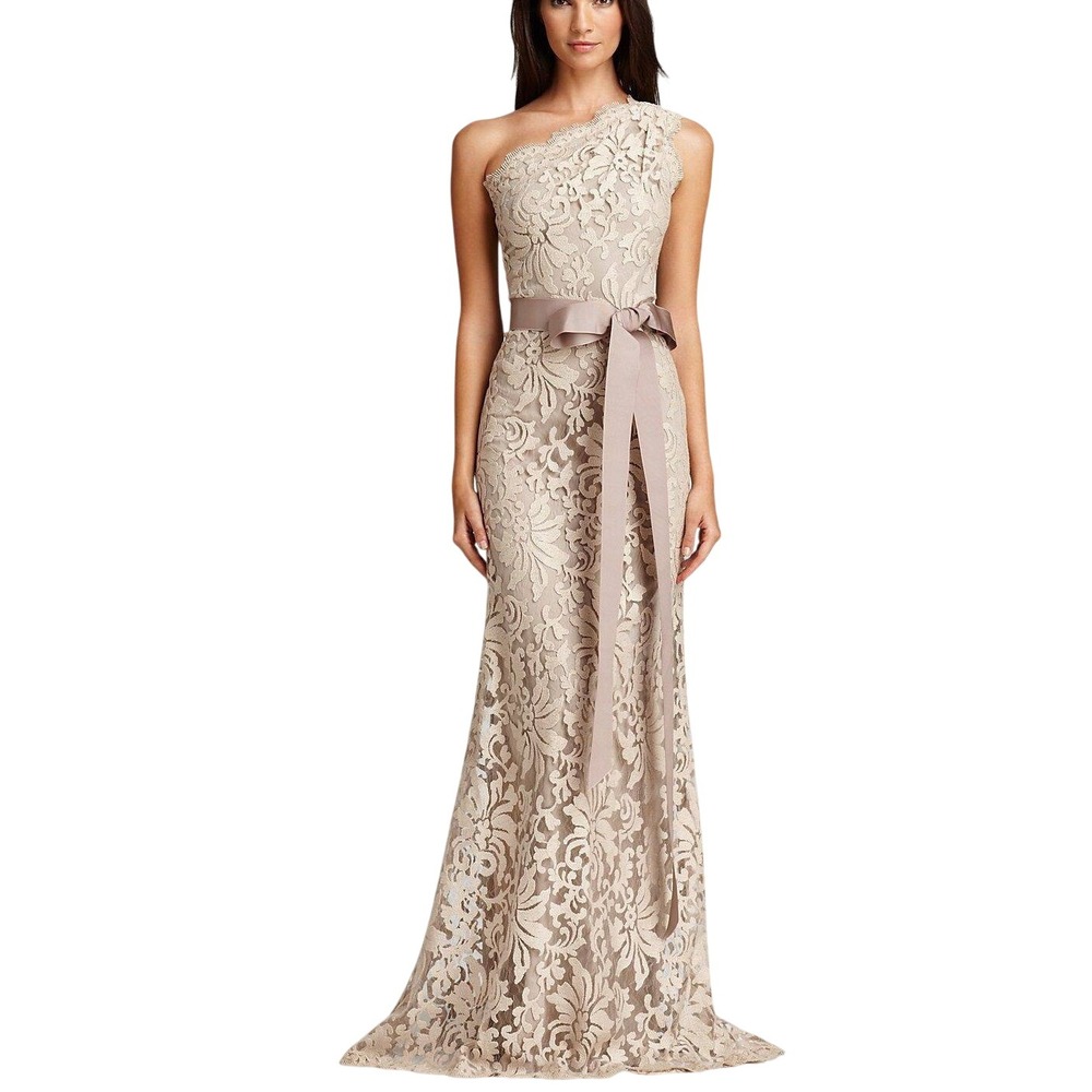 Tadashi Shoji Embroidered Lace One Shoulder Gown 8 Champagne Bridal Formal Dress